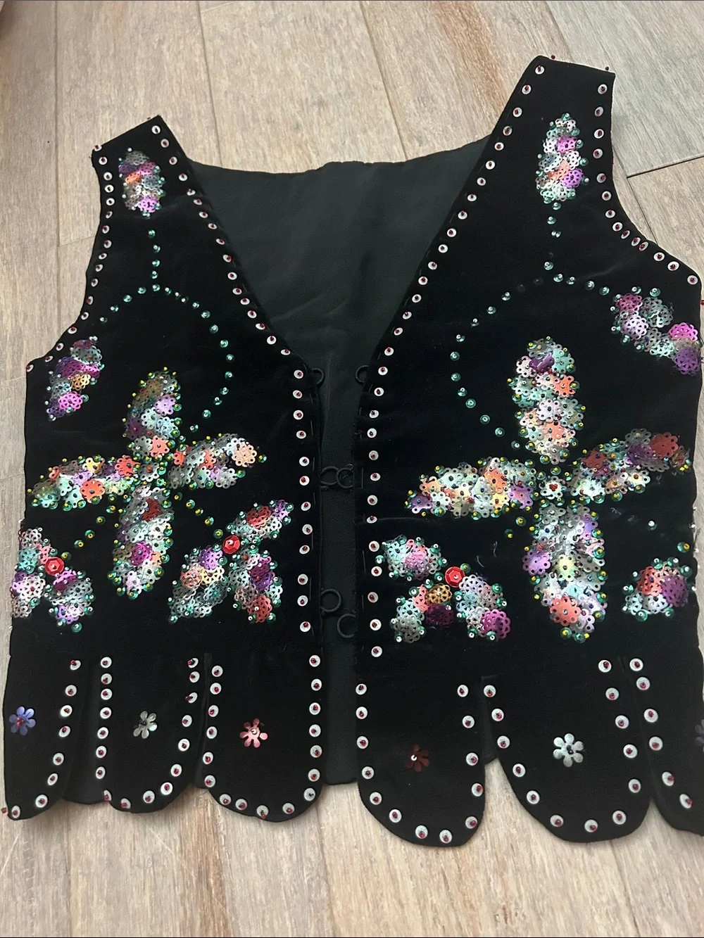 60s 70s hippie boho style Black Sequined Floral velvet  Vest